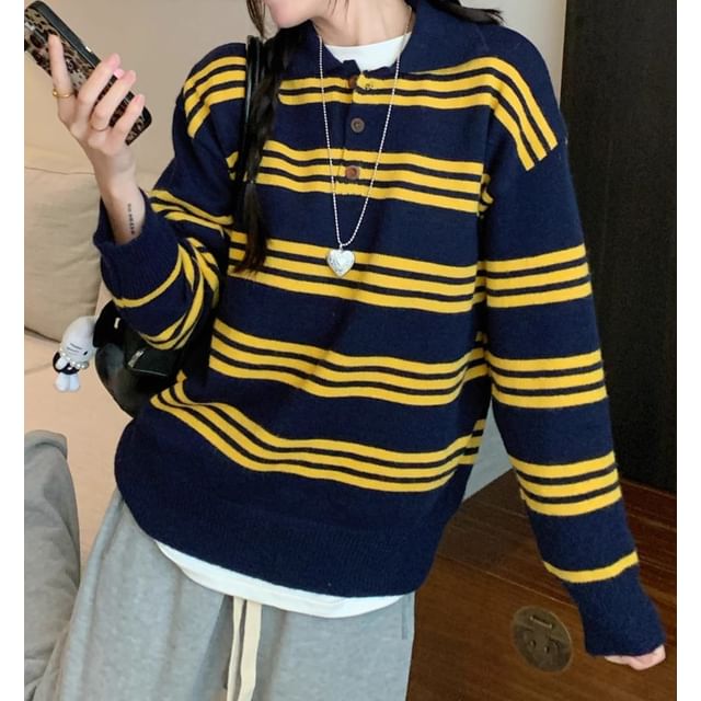Trendycas-Collar Henley Striped Sweater