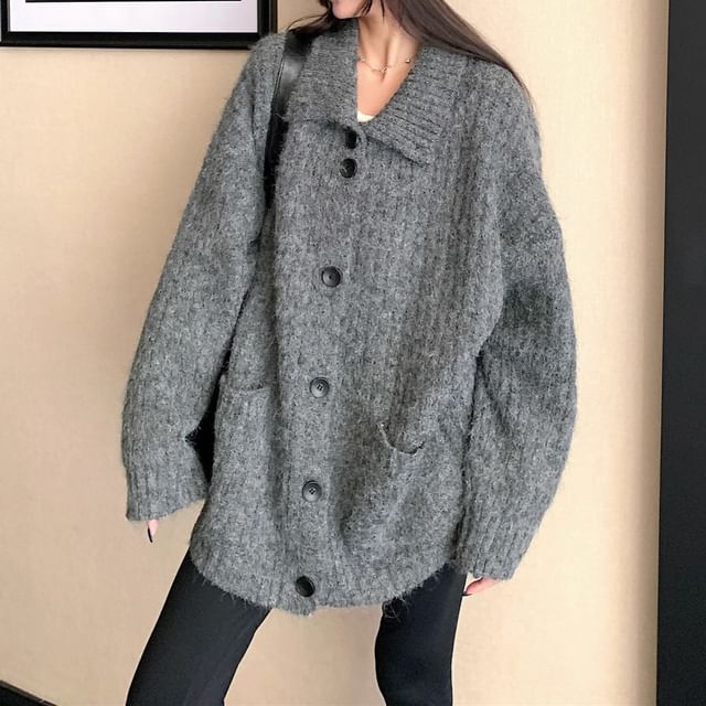 Trendycas-Collar Melange Ribbed Oversized Cardigan