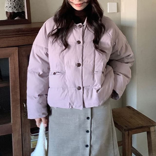 Trendycas-Collared Button-Up Plain Puffer Jacket