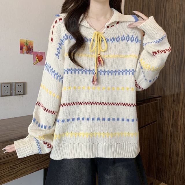 Trendycas-Collared Jacquard Contrast Trim Tie Front Sweater