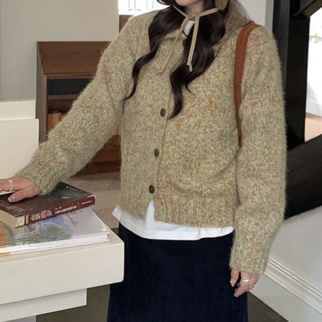 Trendycas-Collared Melange Button Up Cardigan