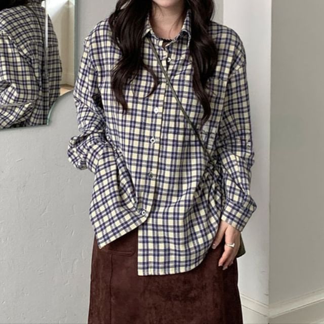 Trendycas-Collared Plaid Button Up Shirt