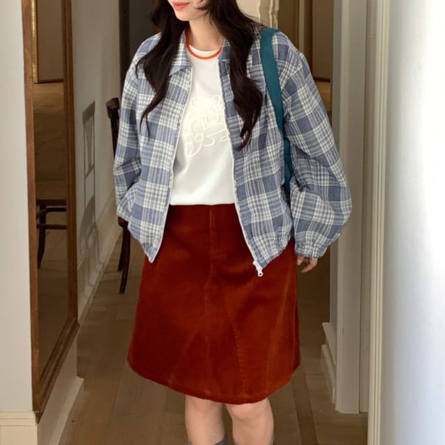 Trendycas-Collared Plaid Zip Jacket