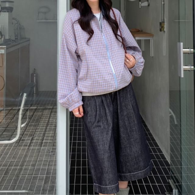 Trendycas-Collared Plaid Zip-Up Jacket