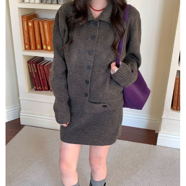 Trendycas-Collared Plain Button Up Cardigan Mid Rise Plain Mini Pencil Skirt
