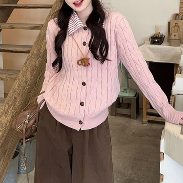 Trendycas-Collared Plain Cable Knit Cardigan