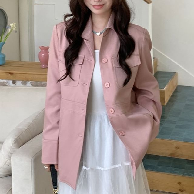 Trendycas-Collared Plain Flap Pocket Button Jacket