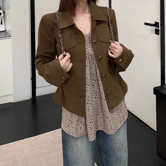 Trendycas-Collared Plain Panel Button Jacket Leopard Print Camisole Top