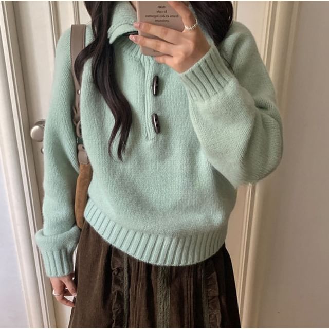 Trendycas-Collared Plain Toggle Sweater