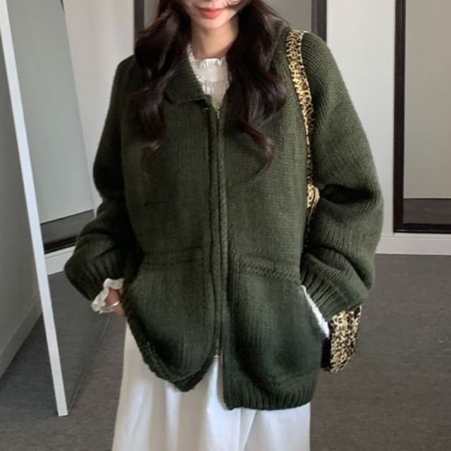 Trendycas-Collared Plain Zip Cardigan