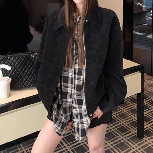 Trendycas-Collared Plain Zip Jacket Collared Plaid Button Up Shirt