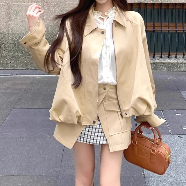 Trendycas-Collared Plain Zip Jacket High Rise Plaid Panel Mini A-Line Cargo Skirt Long Sleeve Tie-Neck Frill Blouse