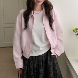 Trendycas-Collared Plain Zip Jacket