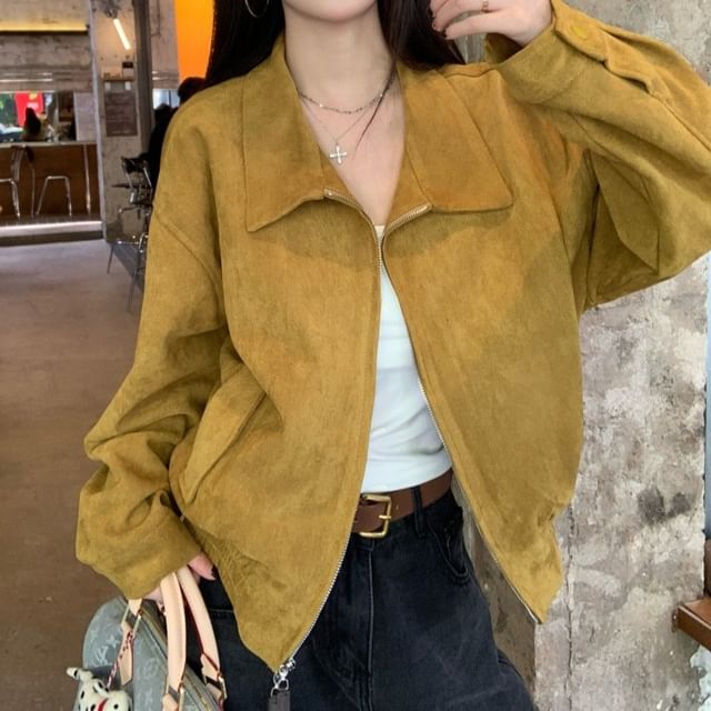 Trendycas-Collared Plain Zip-Up Crop Jacket