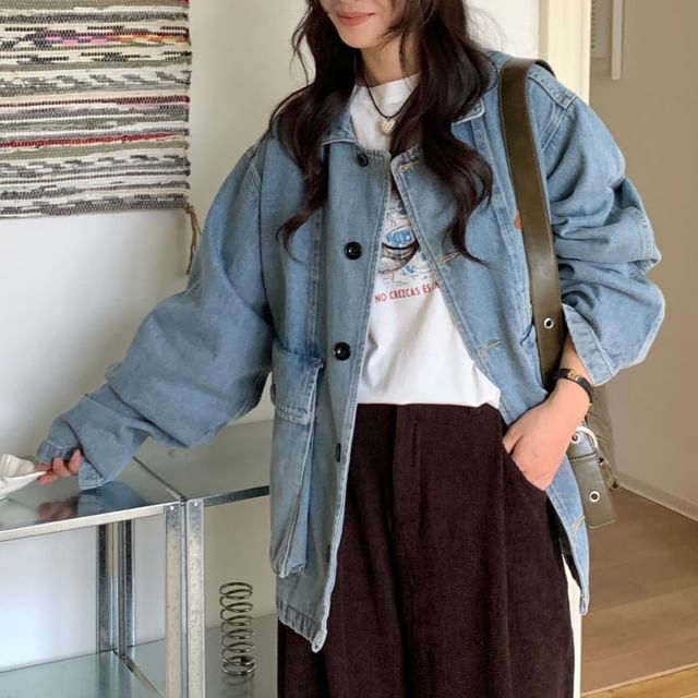 Trendycas-Collared Washed Button Denim Jacket