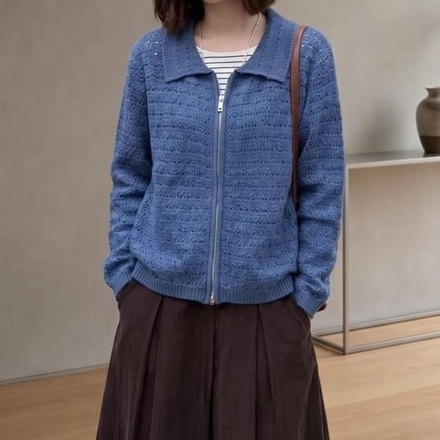 Trendycas-Collared Zip-Up Crochet Plain Knit Cardigan