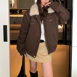 Trendycas-Contrast Fluffy Collar Zip Jacket