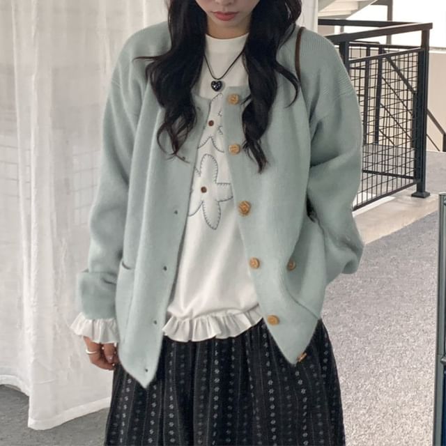 Trendycas-Crew Neck Button-Up Plain Cardigan