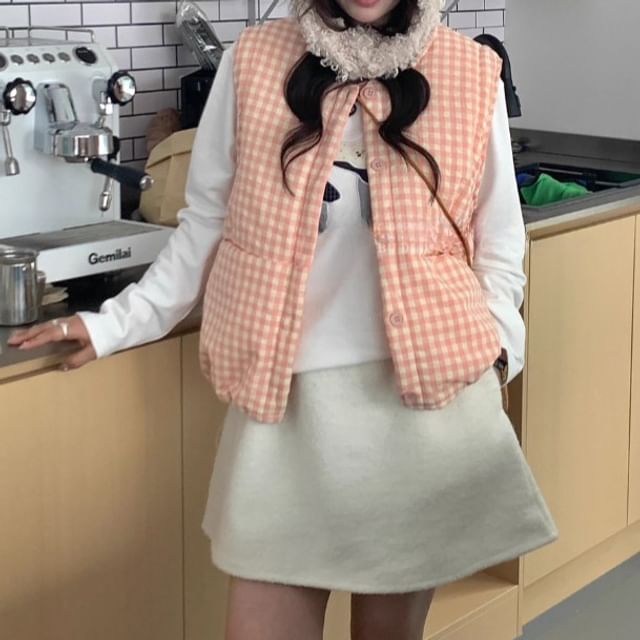 Trendycas-Crew Neck Gingham Button-Up Puffer Vest
