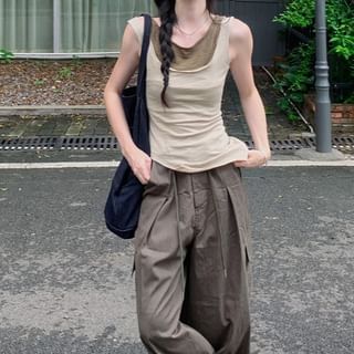 Trendycas-Crew Neck Mock Two Piece Asymmetrical Tank Top Drawstring Waist Plain Baggy Cargo Pants