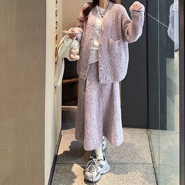 Trendycas-Crew Neck Plain Button Up Cardigan High Rise Midi A-Line Skirt Long-Sleeve Plain Tee
