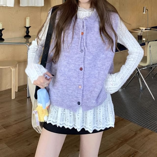 Trendycas-Crew Neck Plain Button Up Sweater Vest Long-Sleeve Crew Neck Plain Lace Top