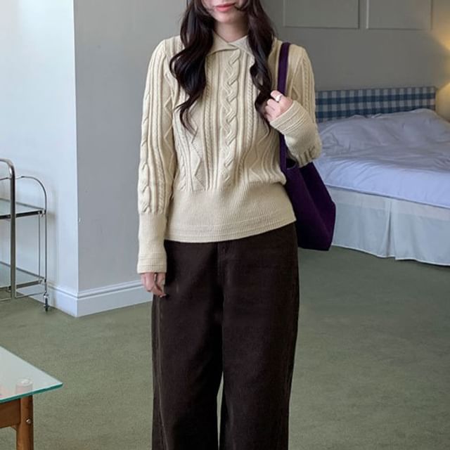 Trendycas-Crew Neck Plain Cable Knit Sweater