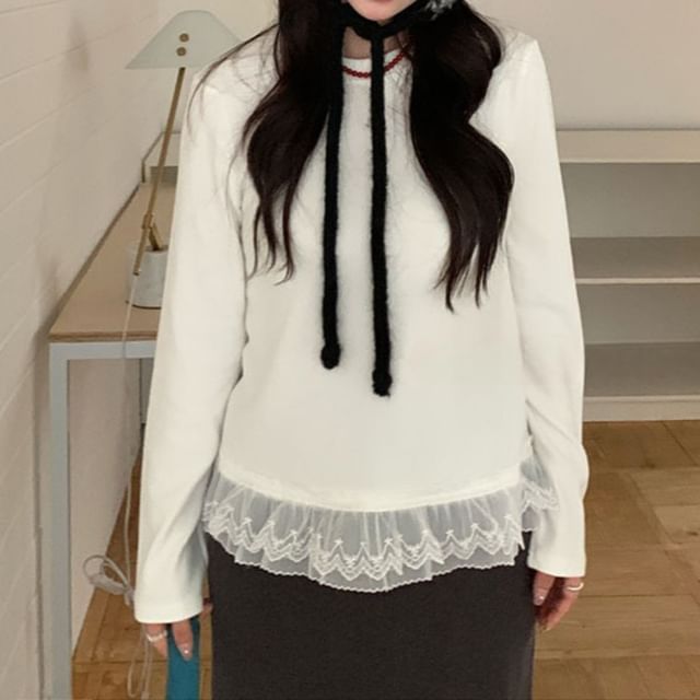 Trendycas-Crew Neck Plain Lace Trim Sweater