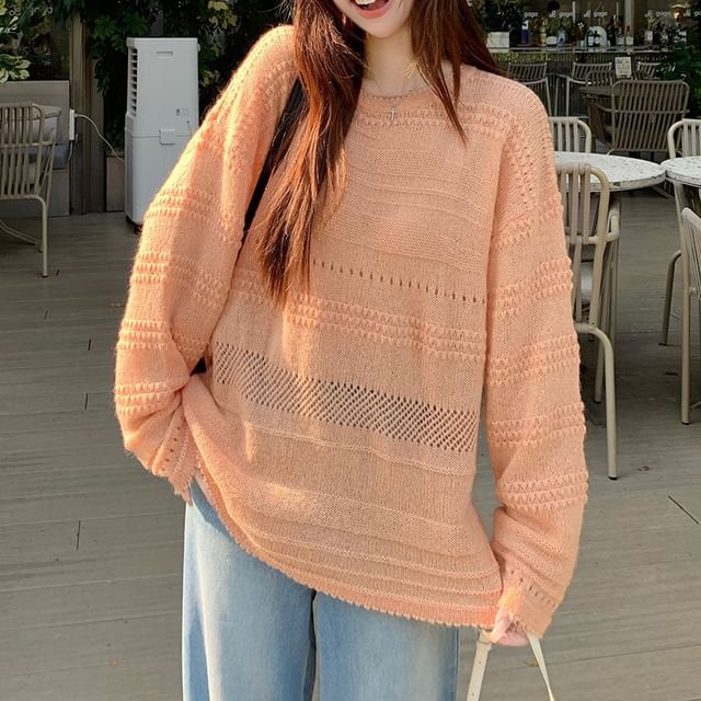 Trendycas-Crew Neck Plain Pointelle Sweater