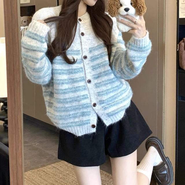 Trendycas-Crew Neck Striped Cardigan
