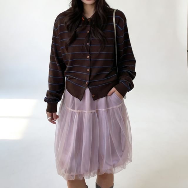 Trendycas-Crewneck Button-Up Striped Cardigan