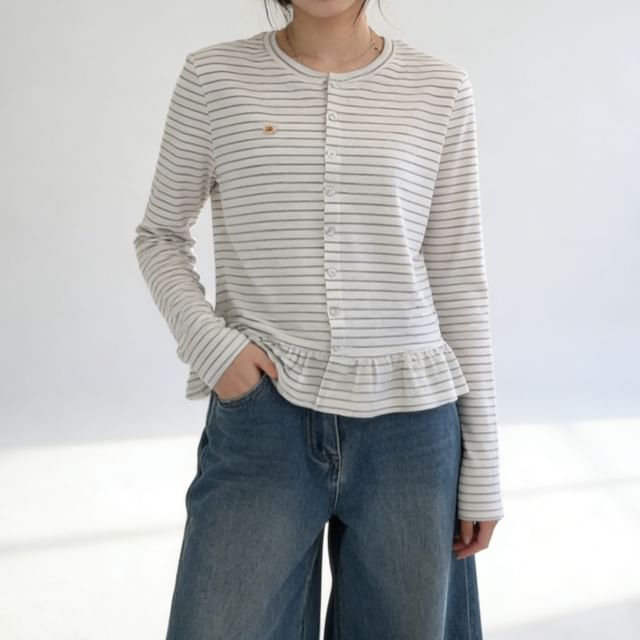 Trendycas-Crewneck Striped Ruffle Cardigan