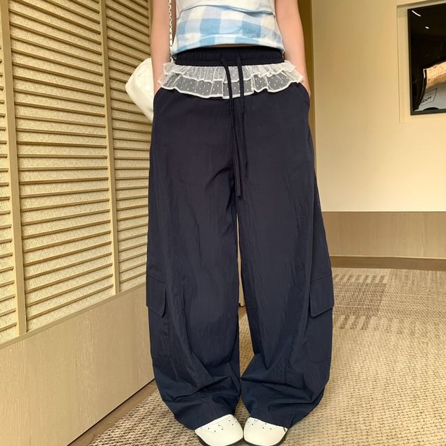 Trendycas-Drawstring Waist Lace Panel Wide Leg Pants