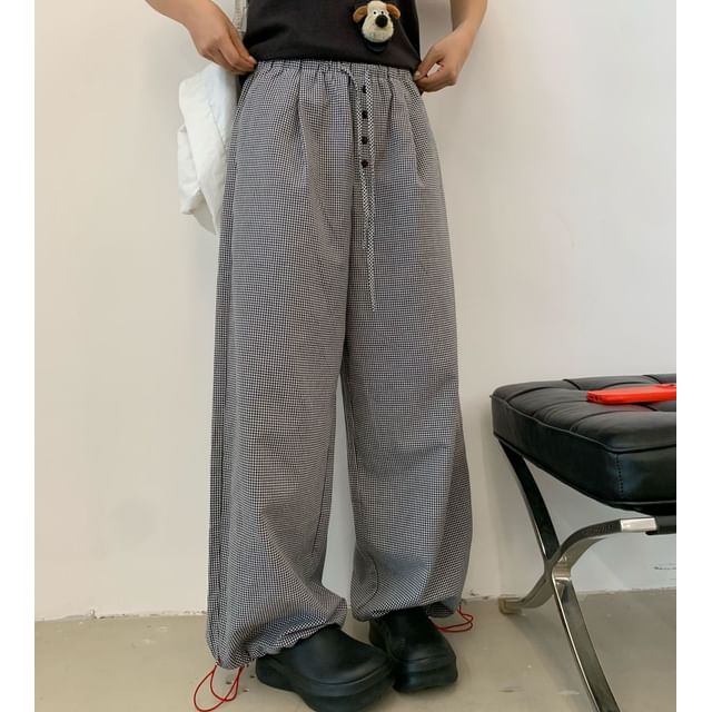 Trendycas-Drawstring Waist Plaid Wide Leg Pants