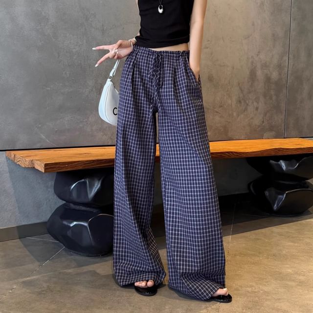 Trendycas-Drawstring Waist Plaid Wide Leg Pants
