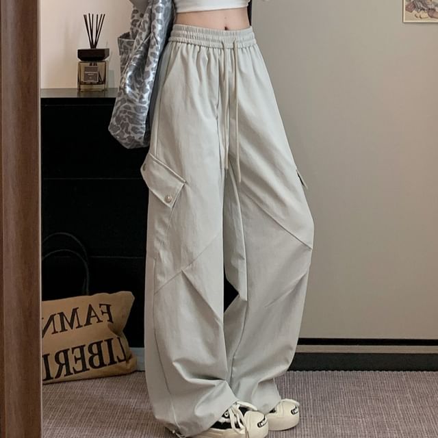 Trendycas-Drawstring Waist Plain Baggy Cargo Pants
