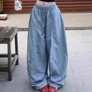 Trendycas-Drawstring Waist Plain Baggy Pants