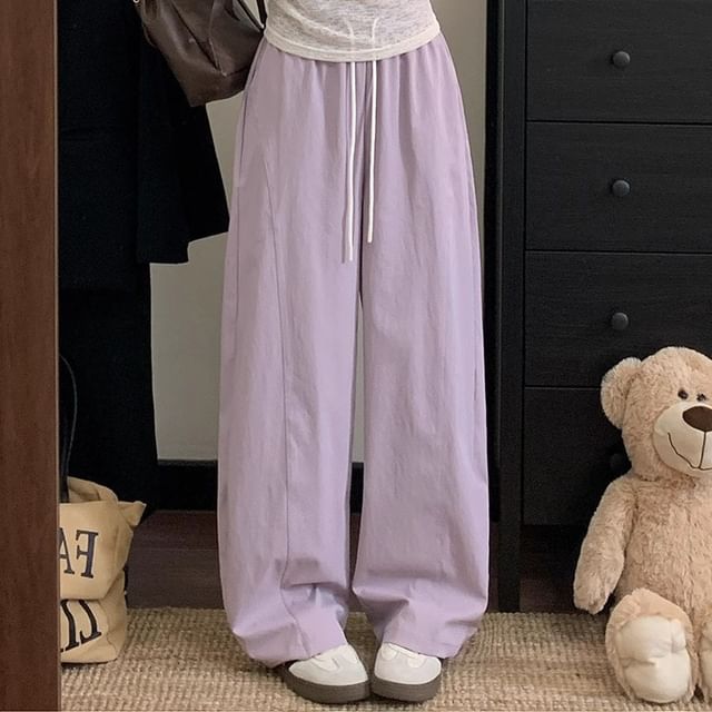 Trendycas-Drawstring Waist Plain Baggy Pants