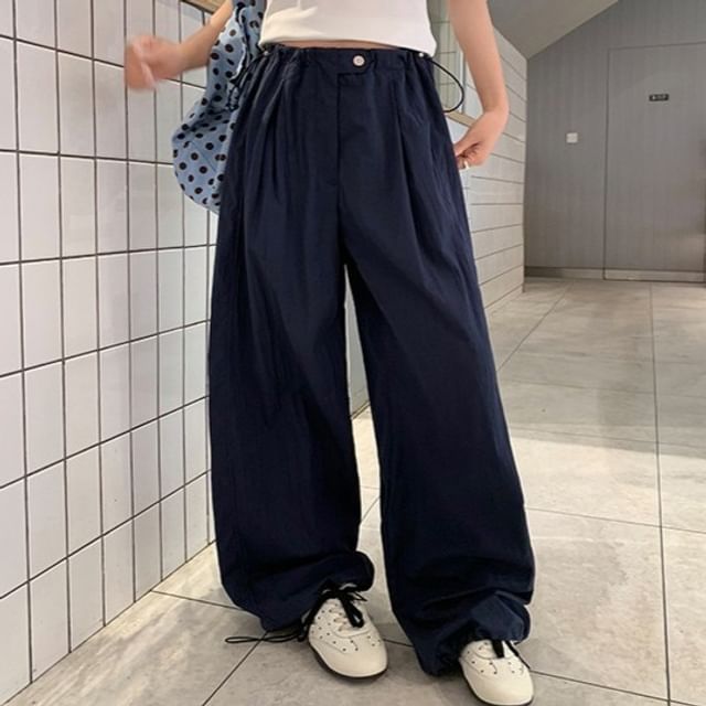 Trendycas-Drawstring Waist Plain Barrel Leg Baggy Pants