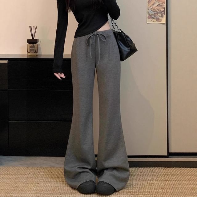 Trendycas-Drawstring Waist Plain Flared Pants