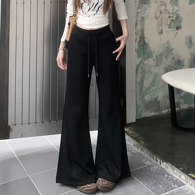 Trendycas-Drawstring Waist Plain Flared Pants