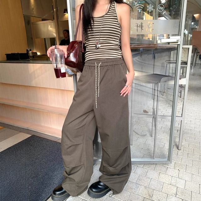 Trendycas-Drawstring Waist Plain Flared Pants