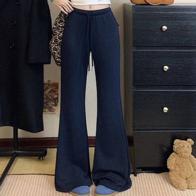 Trendycas-Drawstring Waist Plain Flared Sweatpants