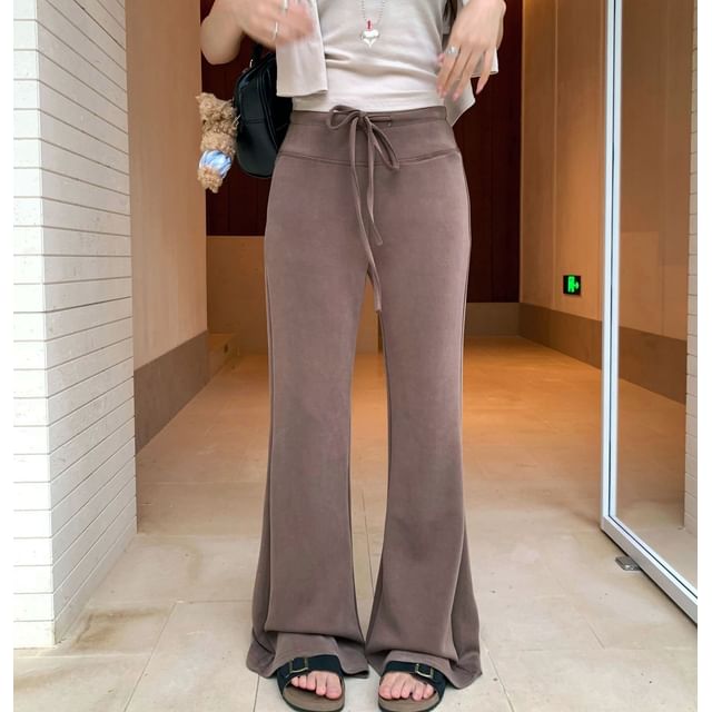 Trendycas-Drawstring Waist Plain Fleece-Lined Flared Sweatpants