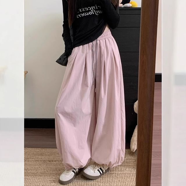 Trendycas-Drawstring Waist Plain Harem Pants