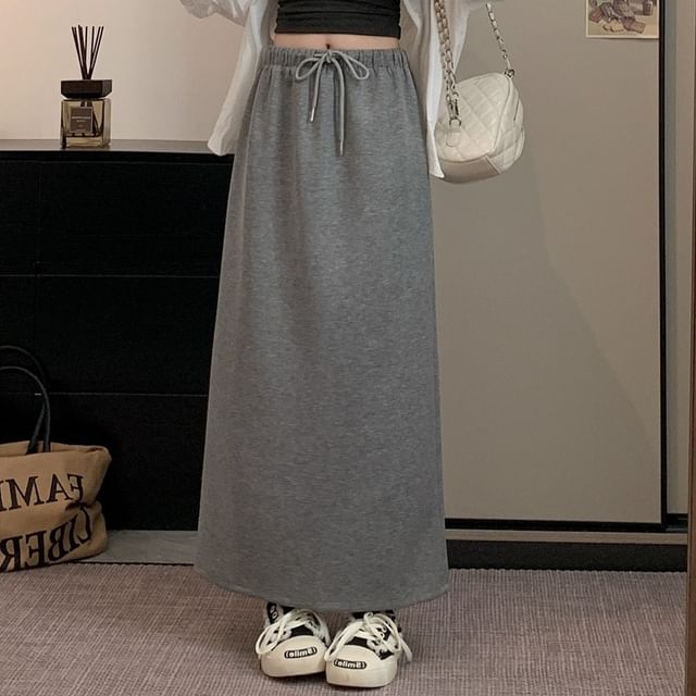 Trendycas-Drawstring Waist Plain Maxi A-Line Skirt
