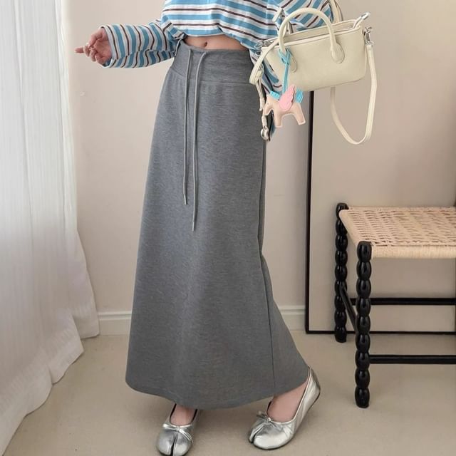 Trendycas-Drawstring Waist Plain Maxi A-Line Skirt