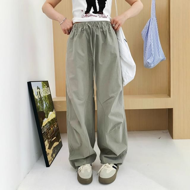 Trendycas-Drawstring Waist Plain Wide Leg Cargo Pants