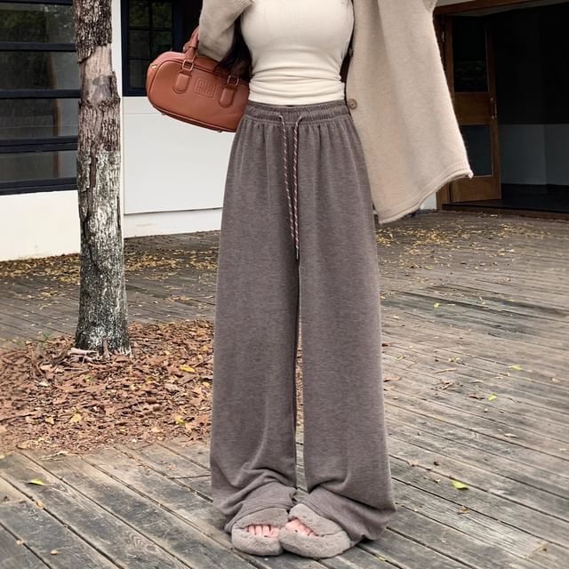 Trendycas-Drawstring Waist Plain Wide Leg Pants