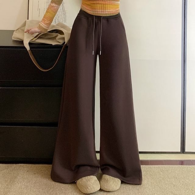 Trendycas-Drawstring Waist Plain Wide Leg Sweatpants